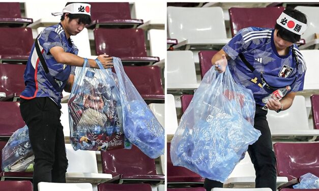 Penyokong Magribi, Jepun sukarela kutip sampah dalam stadium