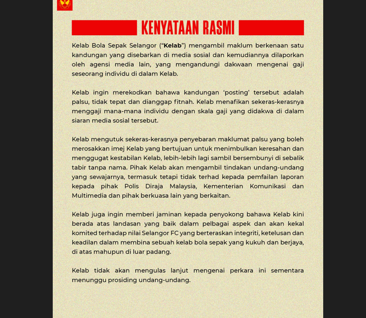 Gaji pemain import bocor, “Kandungan ‘posting’ tersebut adalah palsu, fitnah”